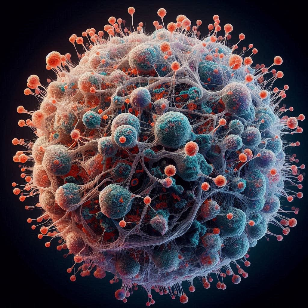 Organoide cerebrale umano modificato con HARE5, visualizzazione 3D di cellule neurali e gliali.