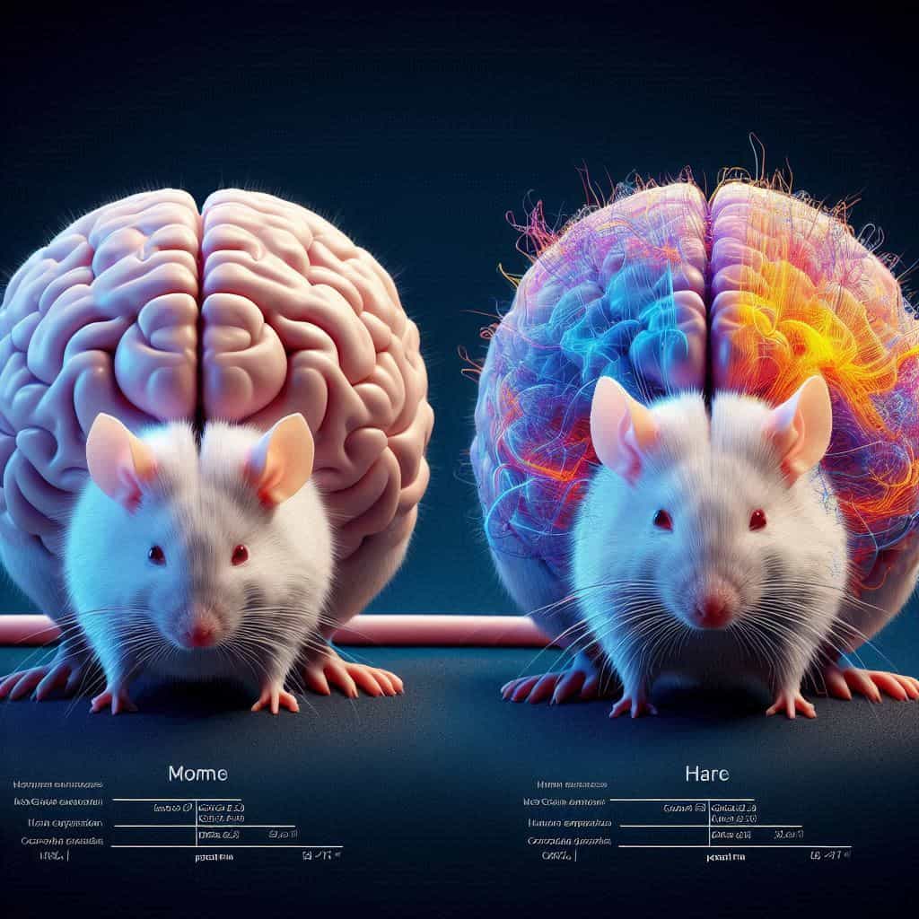 Confronto 3D tra cervello di topo normale e cervello di topo con HARE5 umano, evidenziando l’espansione corticale.