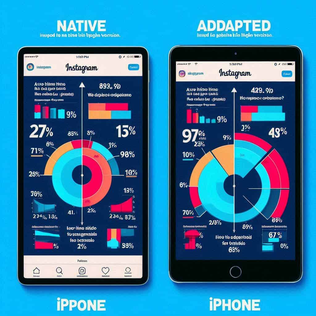 Grafico comparativo che mostra il tempo medio di utilizzo di Instagram su iPad in versione nativa vs versione iPhone adattata, con incremento percentuale evidenziato.