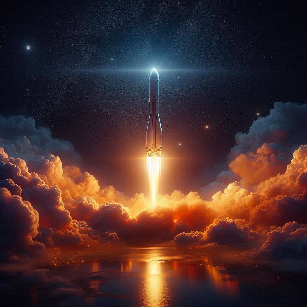 Il razzo Starship durante il decollo notturno, con fiamme arancioni che si riflettono sulle nuvole