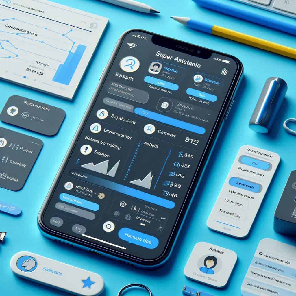 Mockup di un’app mobile che mostra la dashboard di ChatGPT Super Assistente, con grafici di attività, notifiche di azioni completate e scorciatoie per acquisti e prenotazioni.