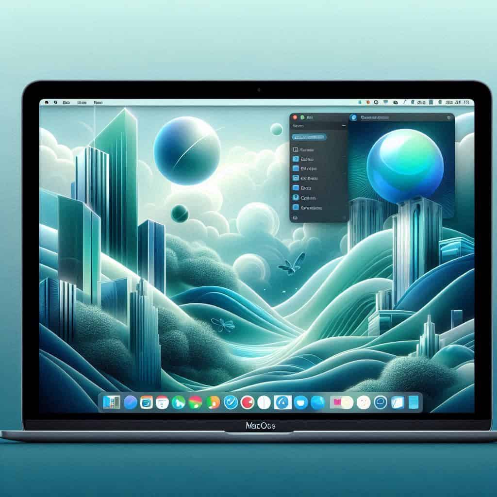 Interfaccia mockup di macOS Tahoe con finestre semi-trasparenti, icone 3D e sfumature blu-verdi ispirate a Vision Pro