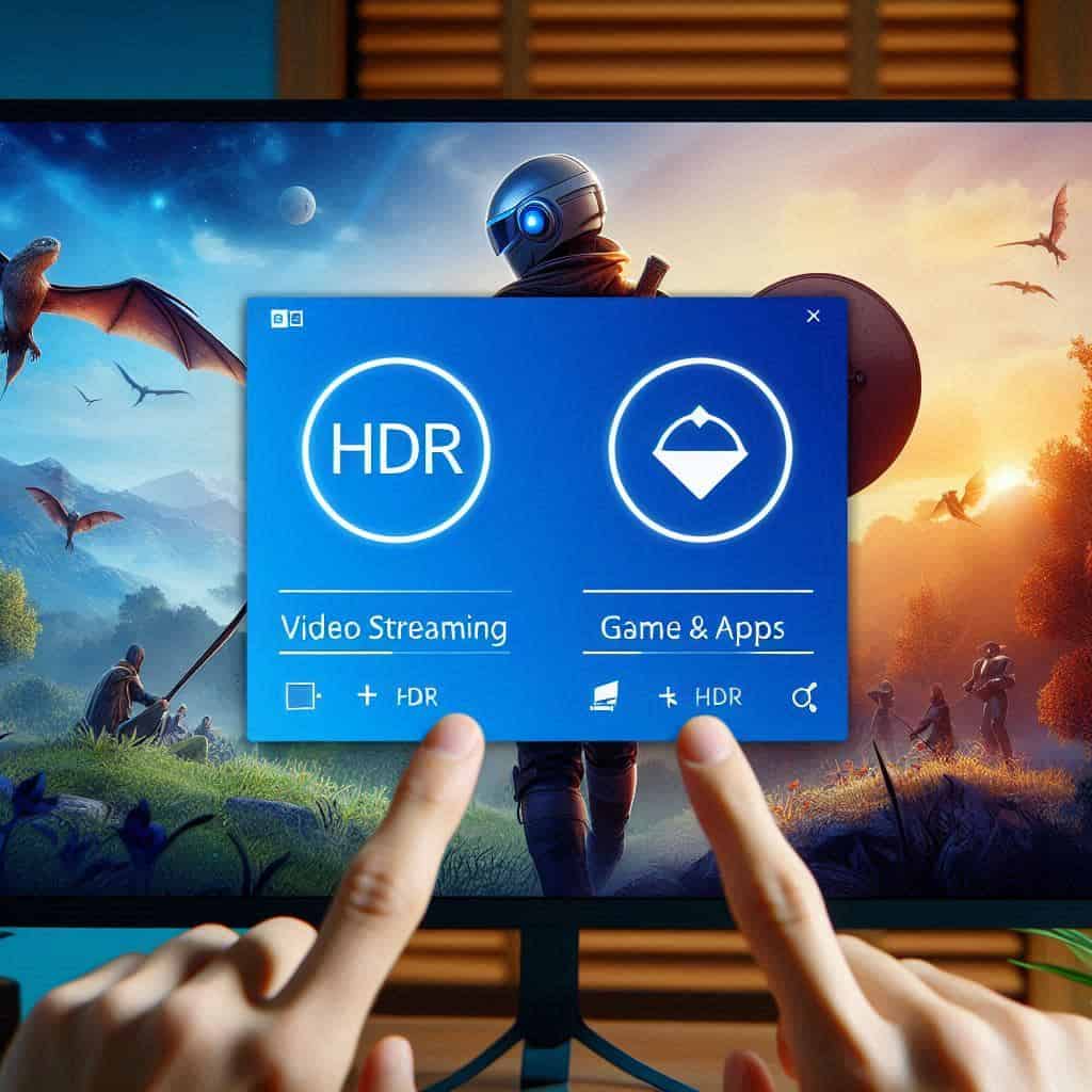 un utente che seleziona le impostazioni HDR in Windows 11, con due interruttori separati per ‘Streaming Video’ e ‘Giochi e App’, interfaccia chiara e moderna