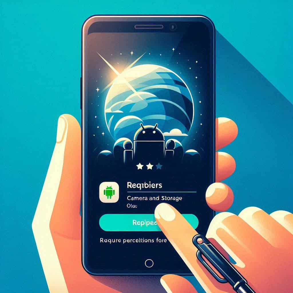Schermata di installazione di un’app Android, con icona moderna, barra del progresso e permessi richiesti per accesso a fotocamera e archiviazione