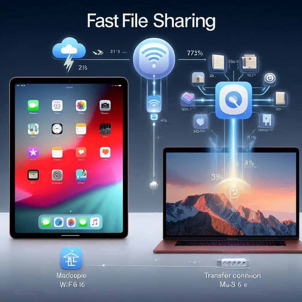 Diagramma che mostra la condivisione file rapida tra iPad Pro e MacBook Pro con AirDrop su macOS Tahoe, evidenziando icone di trasferimento e connessione Wi-Fi 6E.