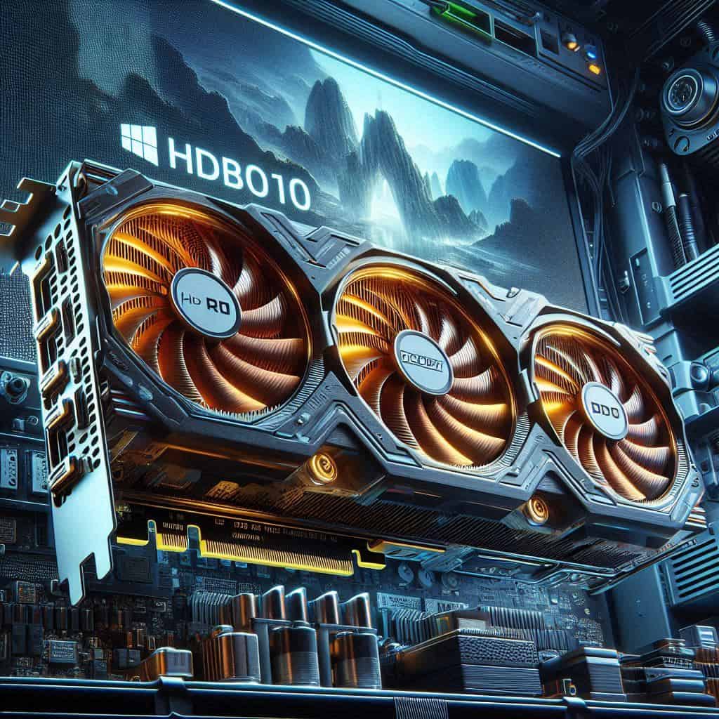 rappresentazione di una scheda video moderna installata in un PC Windows 11, con etichette che indicano supporto HDR10 e Dolby Vision, GPU ventilata
