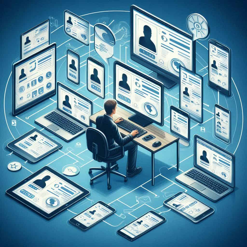Render grafico di un utente che utilizza XChat simultaneamente su smartphone, tablet e PC, con lo stesso flusso di conversazione sincronizzato in tempo reale