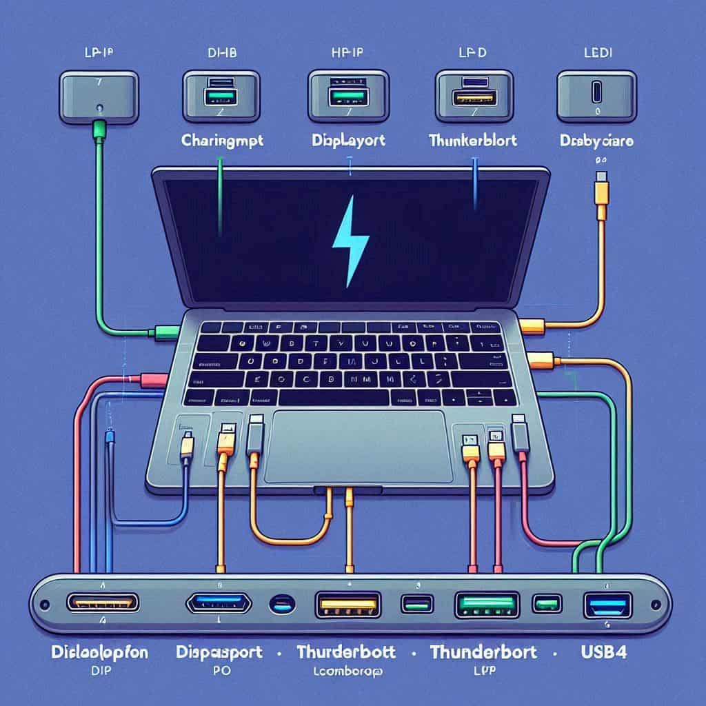 Diagramma di un laptop con varie porte USB-C etichettate in base alle funzionalità WHCP: ricarica, DisplayPort, Thunderbolt e USB4