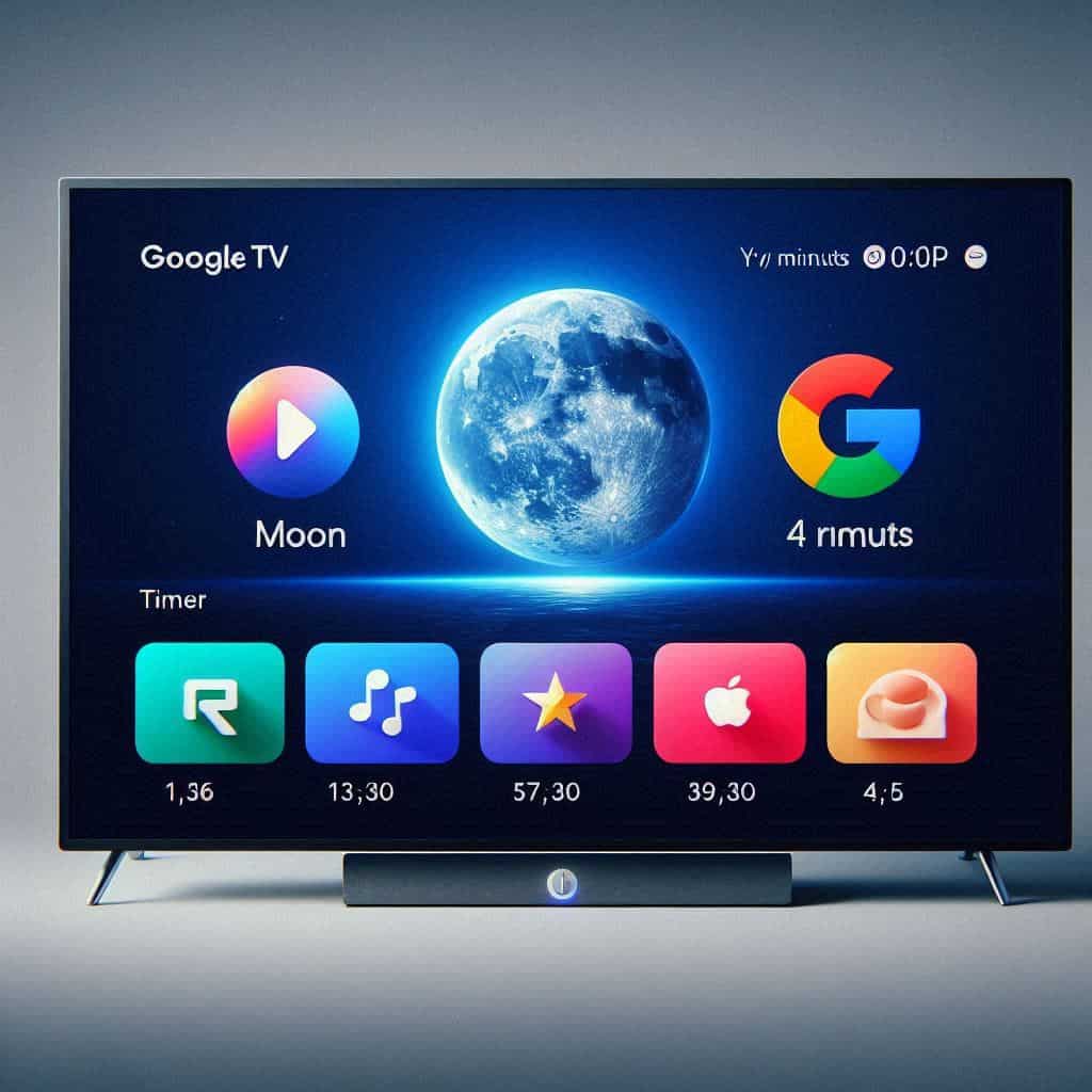 Mockup di interfaccia Google TV con icona a forma di luna accanto alle app preferite, pannello timer con selezione rapida di 5, 15, 30, 45 minuti.