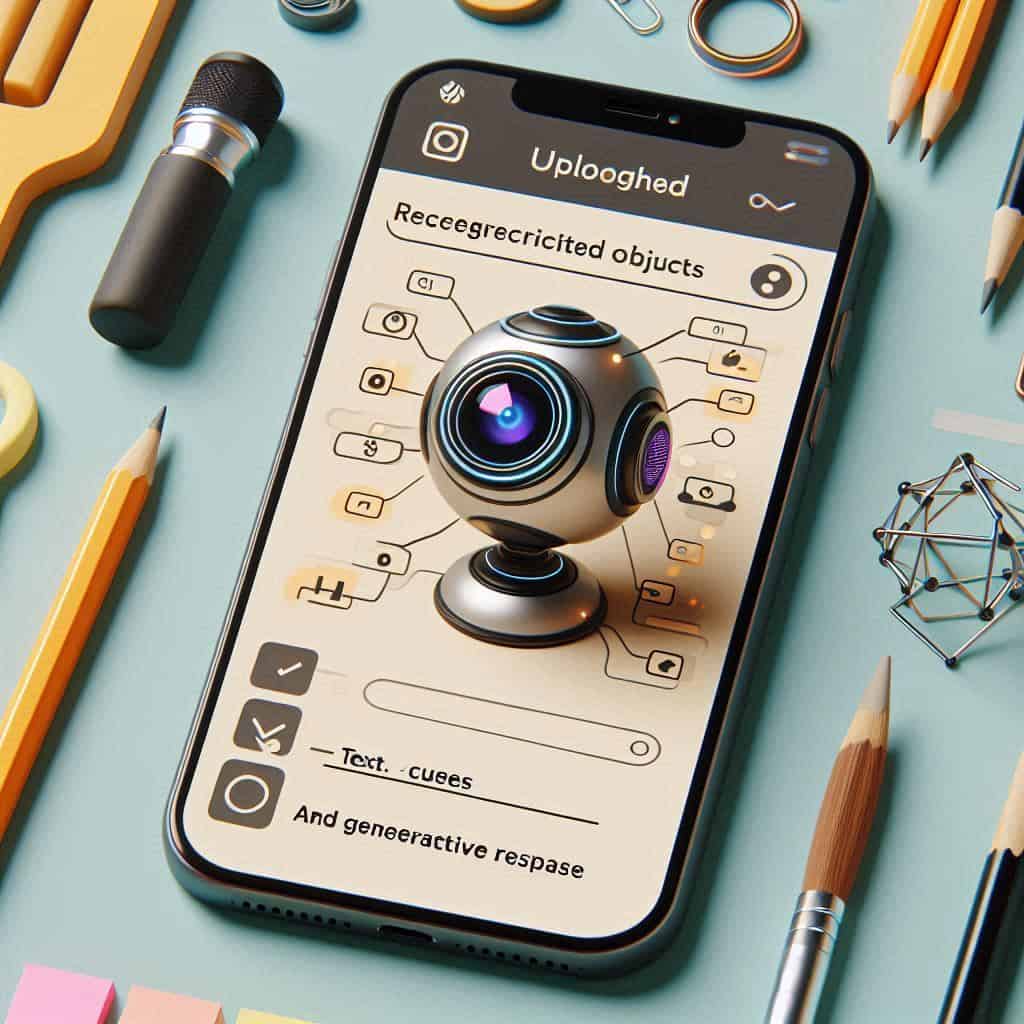 Interfaccia utente di un’app che mostra un’immagine caricata con annotazioni sugli oggetti riconosciuti, indicazioni di testo e risposta generativa in basso