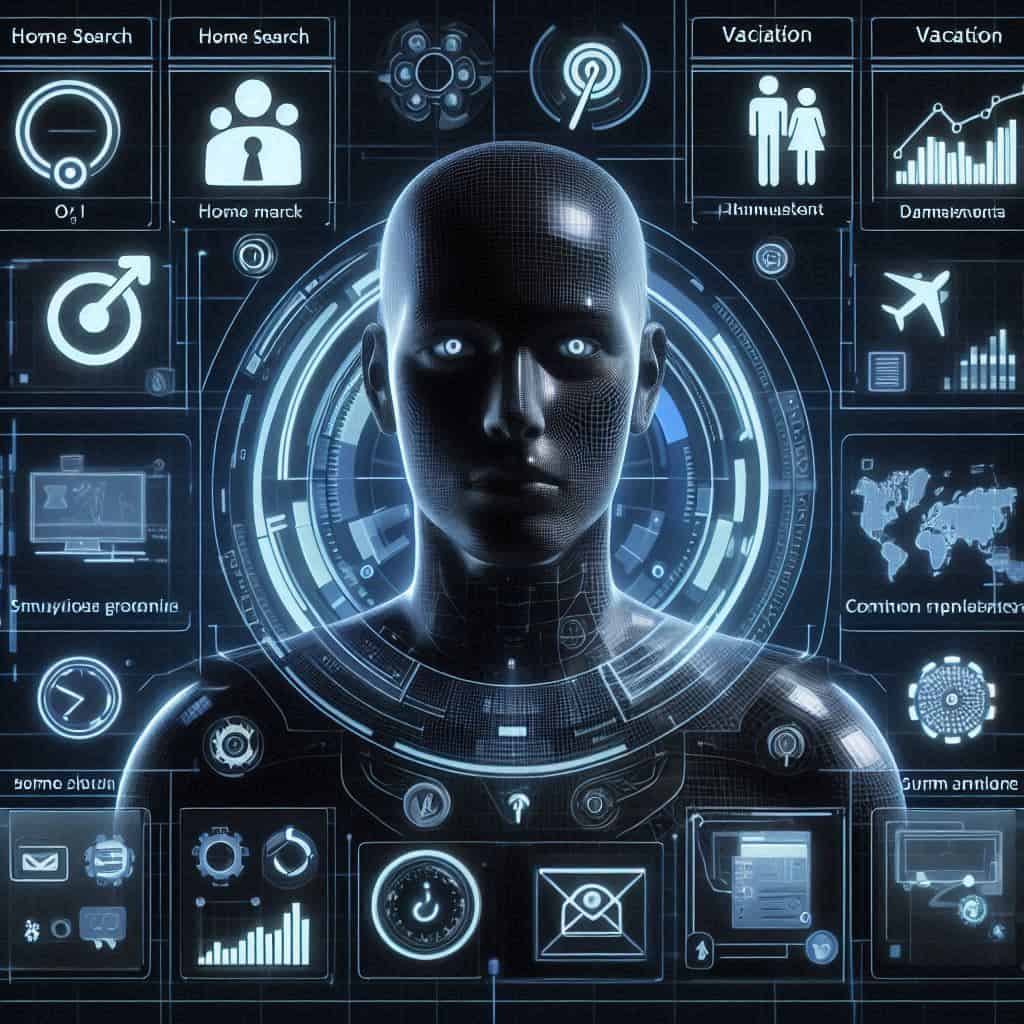 Interfaccia futuristica di un assistente AI che mostra icone di compiti vari come ricerca casa, gestione email, pianificazione vacanze, e grafici che evidenziano modelli o2 e o3.